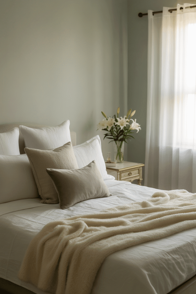 As a part of Blue Gray Paint Colors this picture shows calming bedroom with walls in Sherwin-Williams Misty, a light blue gray paint color.

