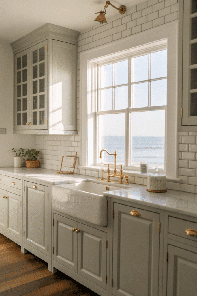 Coastal-style kitchen featuring cabinets in Boothbay Gray, a medium blue gray tone.

