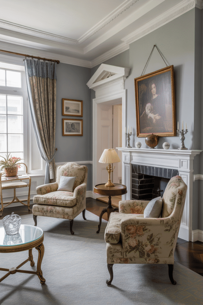 Elegant living room with Parma Gray paint, a soft blue gray with classic appeal.


