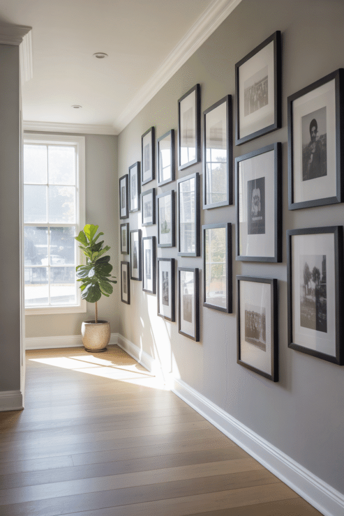 Neutral hallway with walls in Light French Gray, a soft blue gray with a modern edge.

