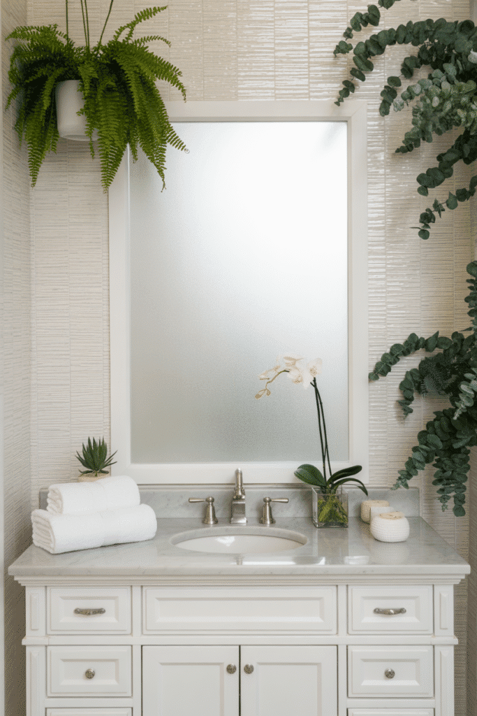 Relaxing bathroom with walls in Silver Strand, a cool green-blue gray color.

