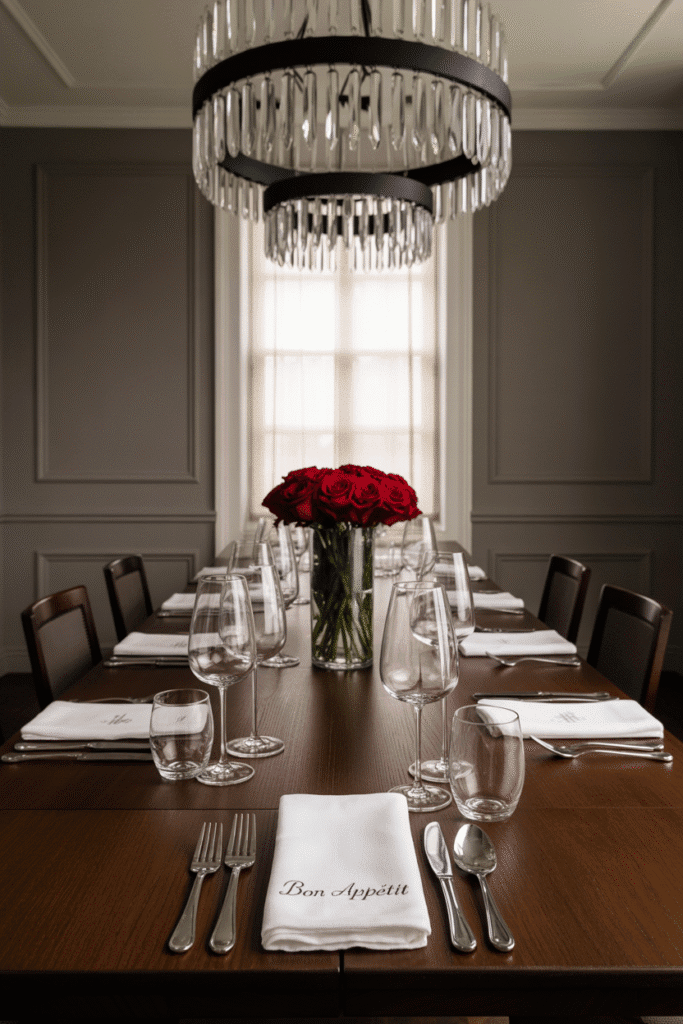Mid-tone blue gray walls in Benjamin Moore Wales Gray add depth to a dining room.

