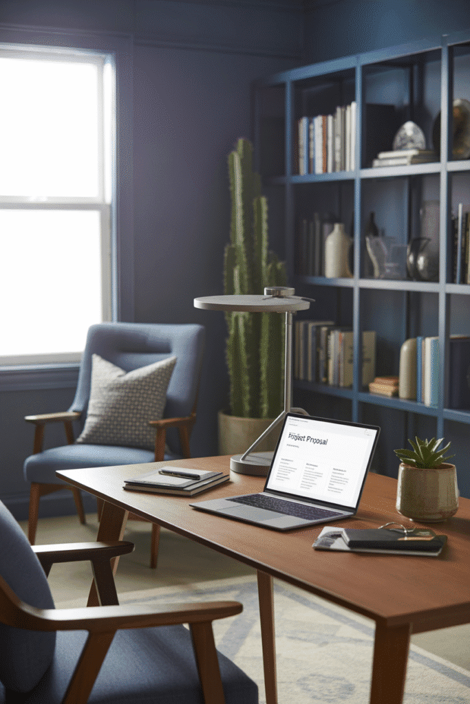 Cool-toned walls in Evening Shadow create a sophisticated home office backdrop.

