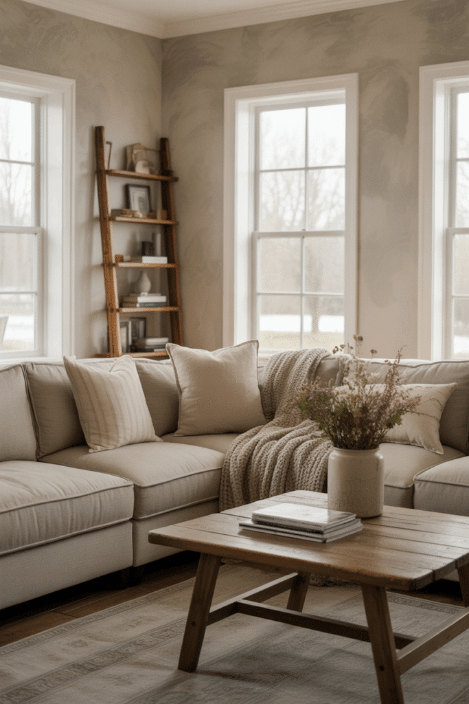 Living room with Benjamin Moore Smoke, a balanced blue gray wall color.

