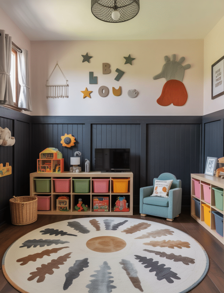 Playroom featuring black board and batten walls, colorful toys, and furniture, paired with bold art or playful wall decals for a fun yet sophisticated space.