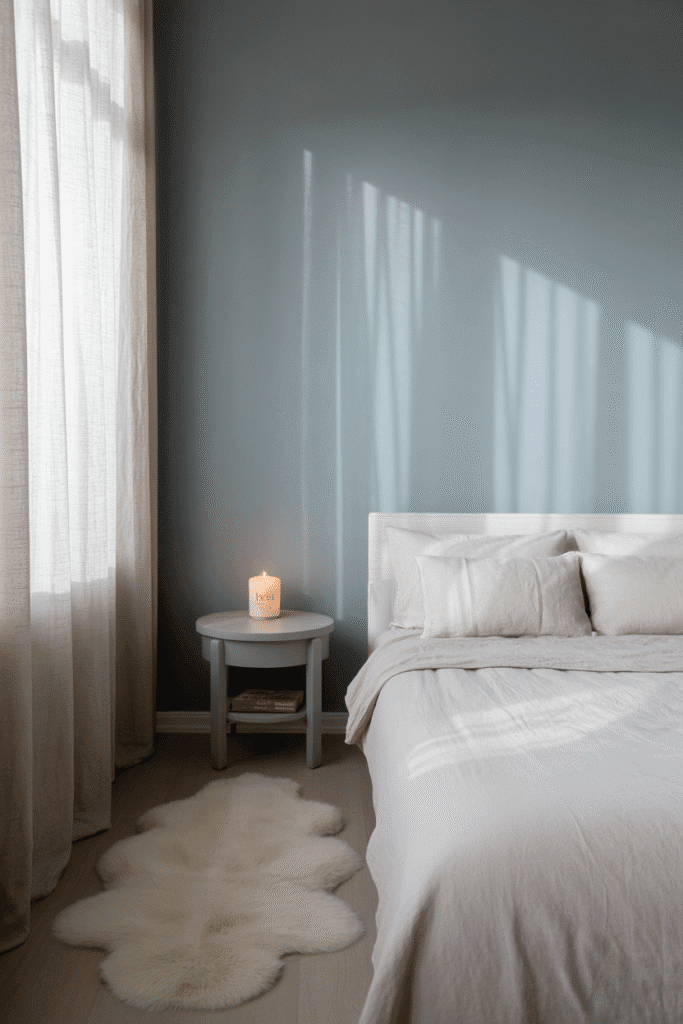 Soft Skylight blue gray paint brings airy elegance to a Nordic-inspired bedroom.

