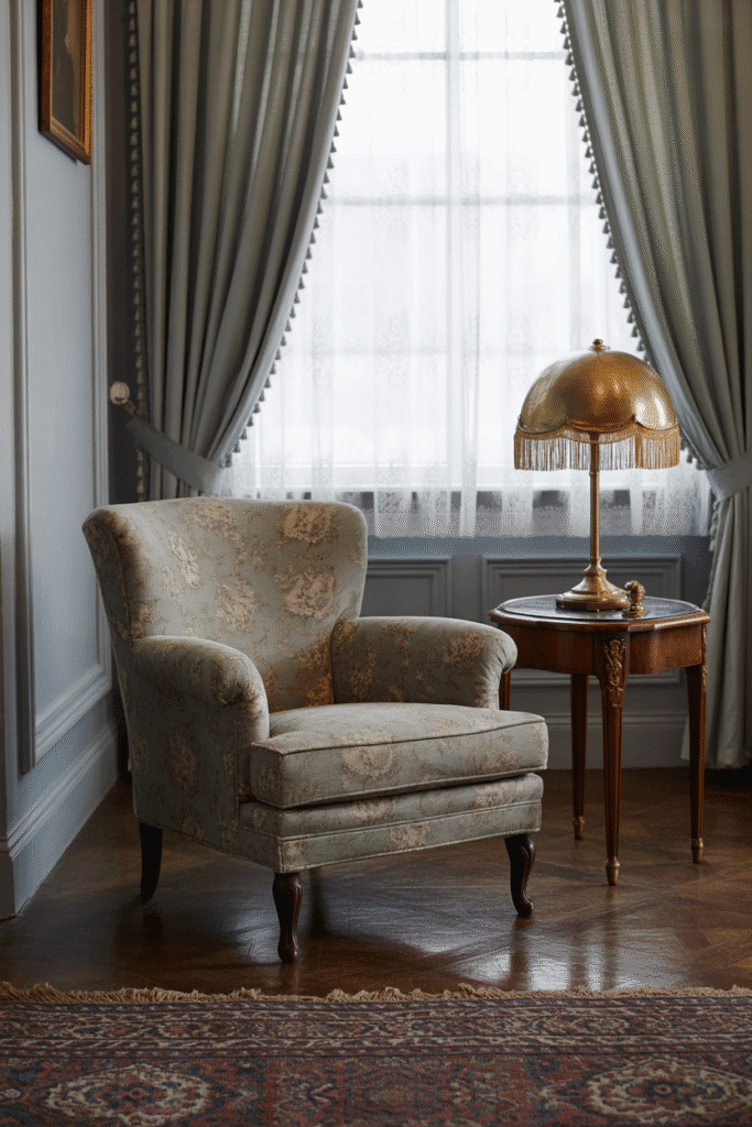 Classic Silver Gray walls offer romantic vintage appeal in a cozy sitting room.

