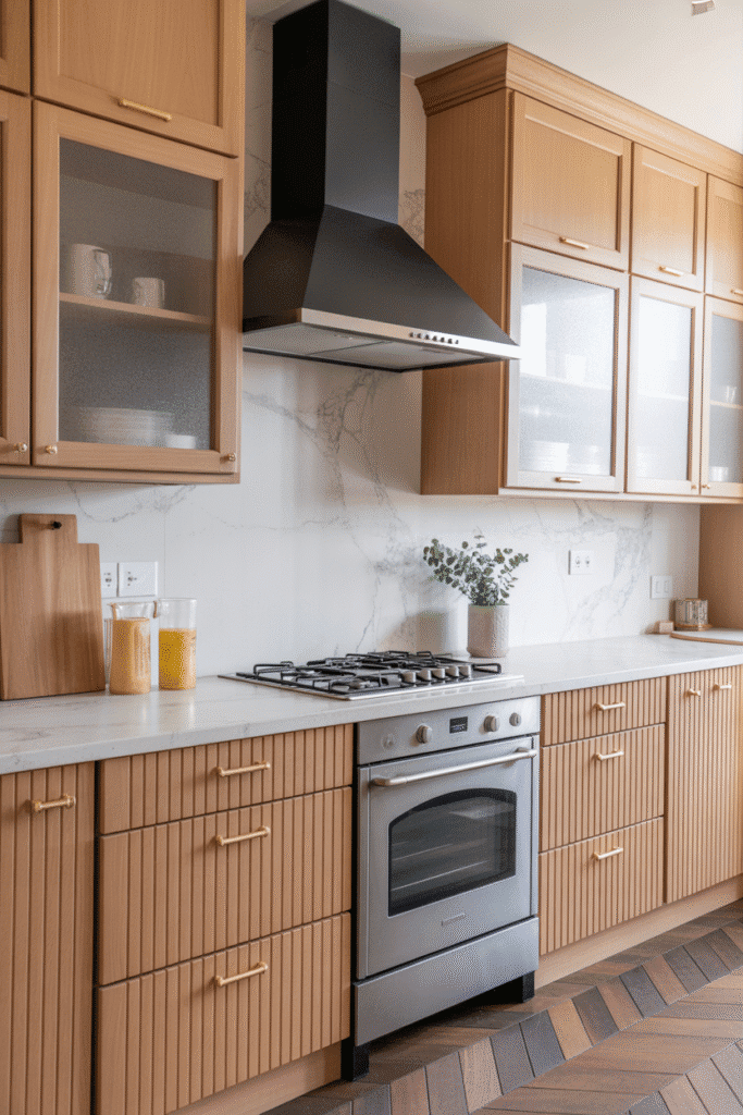 As a part of kitchen trends for 2025 this picture shows a mix of marble, metal, and wood in a stylish kitchen showcasing mixed materials for 2025.