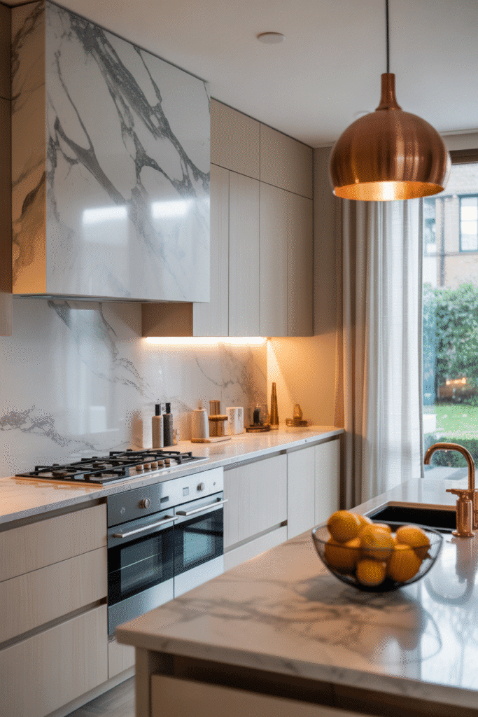 Dramatic stone slab backsplash creates a bold, modern look — a major 2025 kitchen trend.