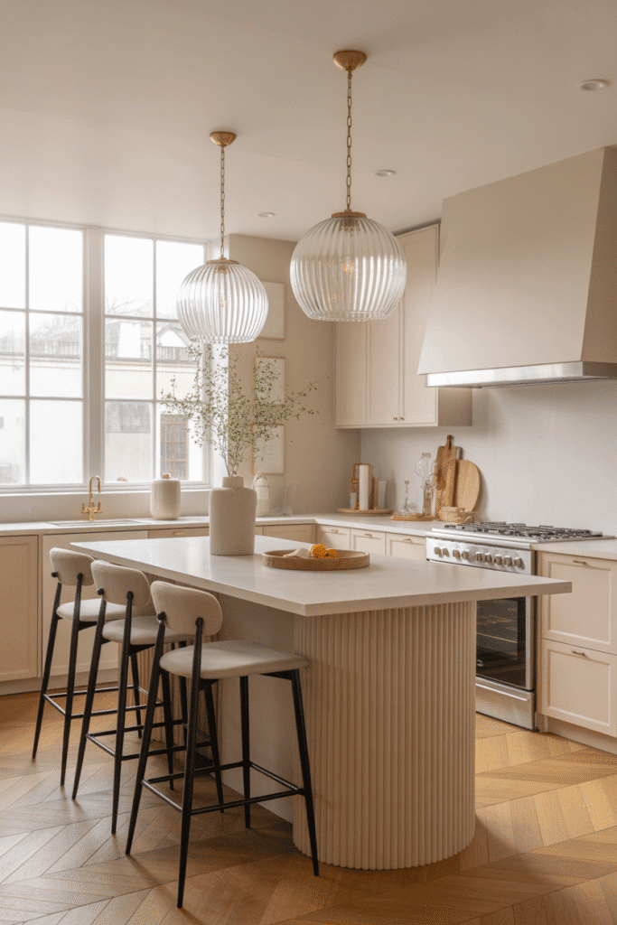 Oversized pendant lights add sculptural elegance to a kitchen island in line with 2025 trends.