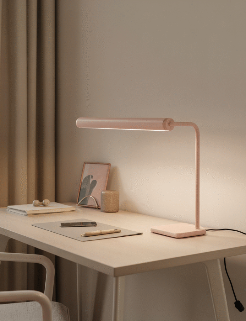 White desk with a matte pink lamp, set in a minimalist workspace with neutral decor elements.