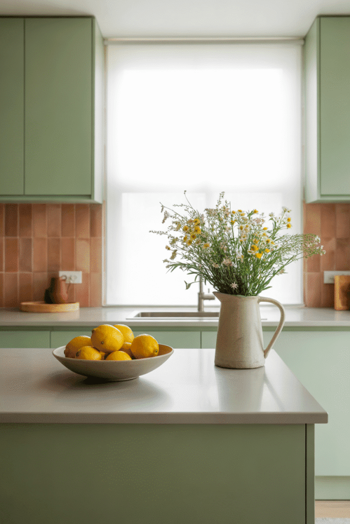 Muted earth tones like sage and terracotta bring warmth to 2025 kitchen color palettes.