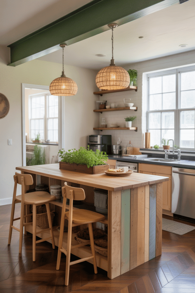 Sustainable materials and green elements define eco-conscious kitchens in 2025.