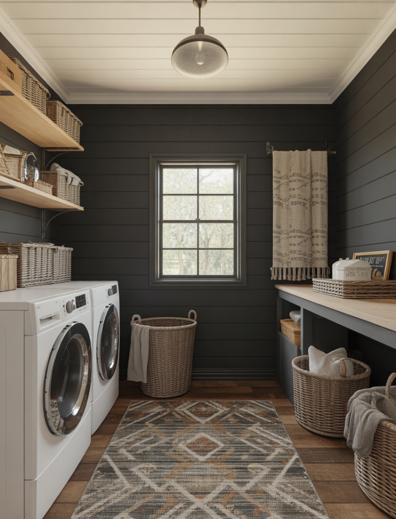 Laundry room with black board and batten walls, woven baskets, wood shelves, and a patterned rug, bringing warmth and texture to an often-overlooked space.
