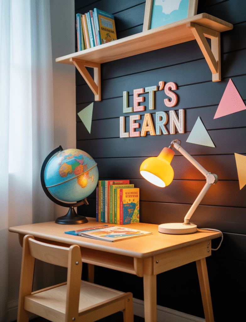 Children’s study space with black board and batten behind a small desk or built-in shelves, brightened with pops of color in desk accessories, art, and lighting.