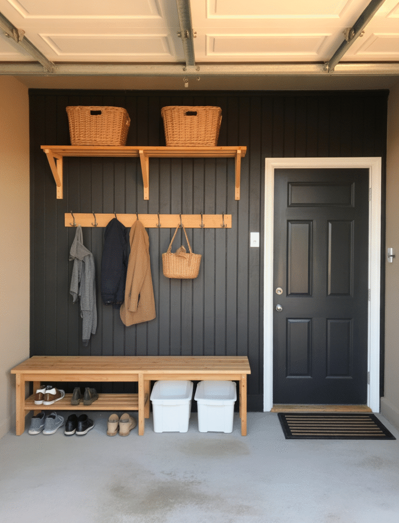 Garage entry wall with black board and batten, featuring hooks for coats and bags, a bench for shoes, and easy-to-clean storage bins for a functional, organized space.