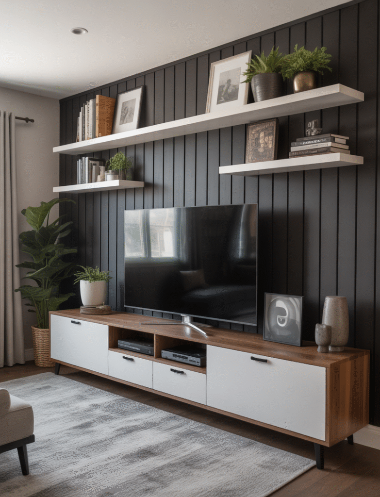 Entertainment room with black board and batten as a backdrop for the TV or media wall, balanced with sleek modern consoles and floating shelves in lighter tones.