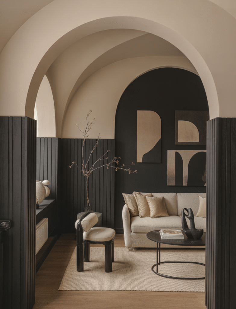 Arched doorways or alcoves framed with black board and batten, surrounded by light-colored walls for contrast and complemented with sculptural decor pieces.