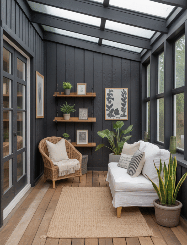 Sunroom with black board and batten walls, paired with airy white furniture, potted plants, and textured rugs, balancing the natural light with bold contrast.