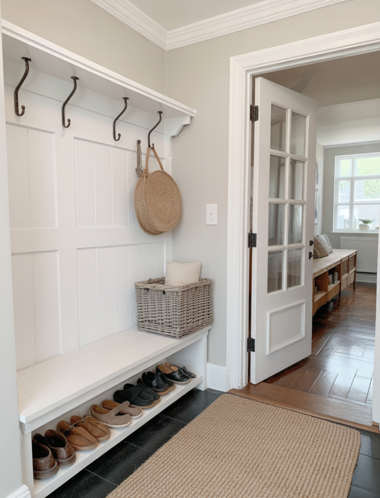 As a part of entryway board and batten wall ideas this picture shows entryway with classic white board and batten walls, black metal hooks, a woven basket for shoes, and a natural jute runner, creating a bright, airy, and functional space.