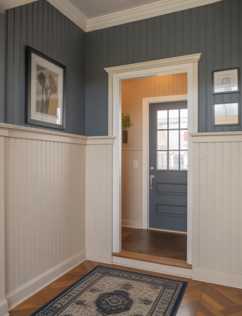 Entryway featuring two-tone board and batten walls, with contrasting colors on the upper half and white or cream on the lower panels, and matching accent colors on the door or area rug for a cohesive look.