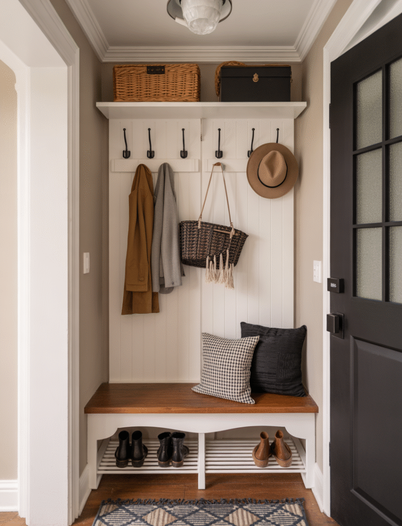 Entryway with decorative black or brass hooks between battens for hanging coats, bags, and hats. A small bench underneath completes the functional and stylish drop zone.