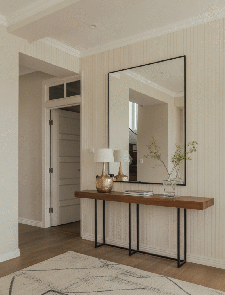 Bold entryway with full-height board and batten walls from floor to ceiling, complemented by an oversized mirror or art piece above a slim console table for balance.