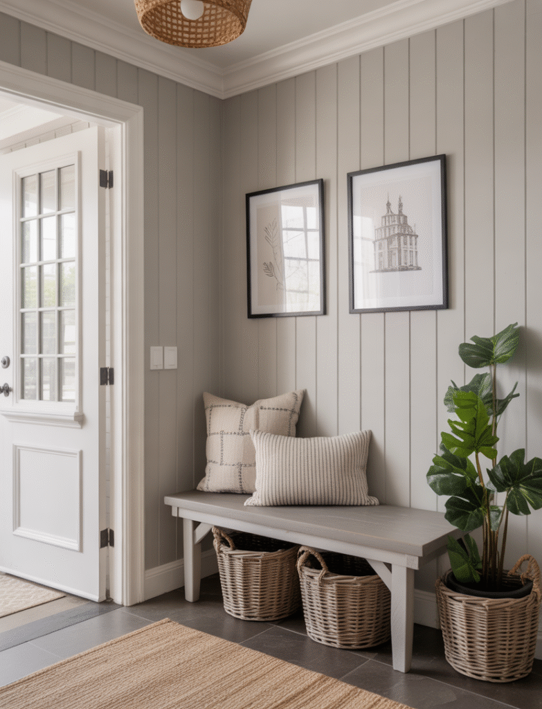 Entryway with soft gray board and batten walls, styled with textured pillows on a bench, woven baskets, and black-framed art, giving a modern farmhouse vibe.
