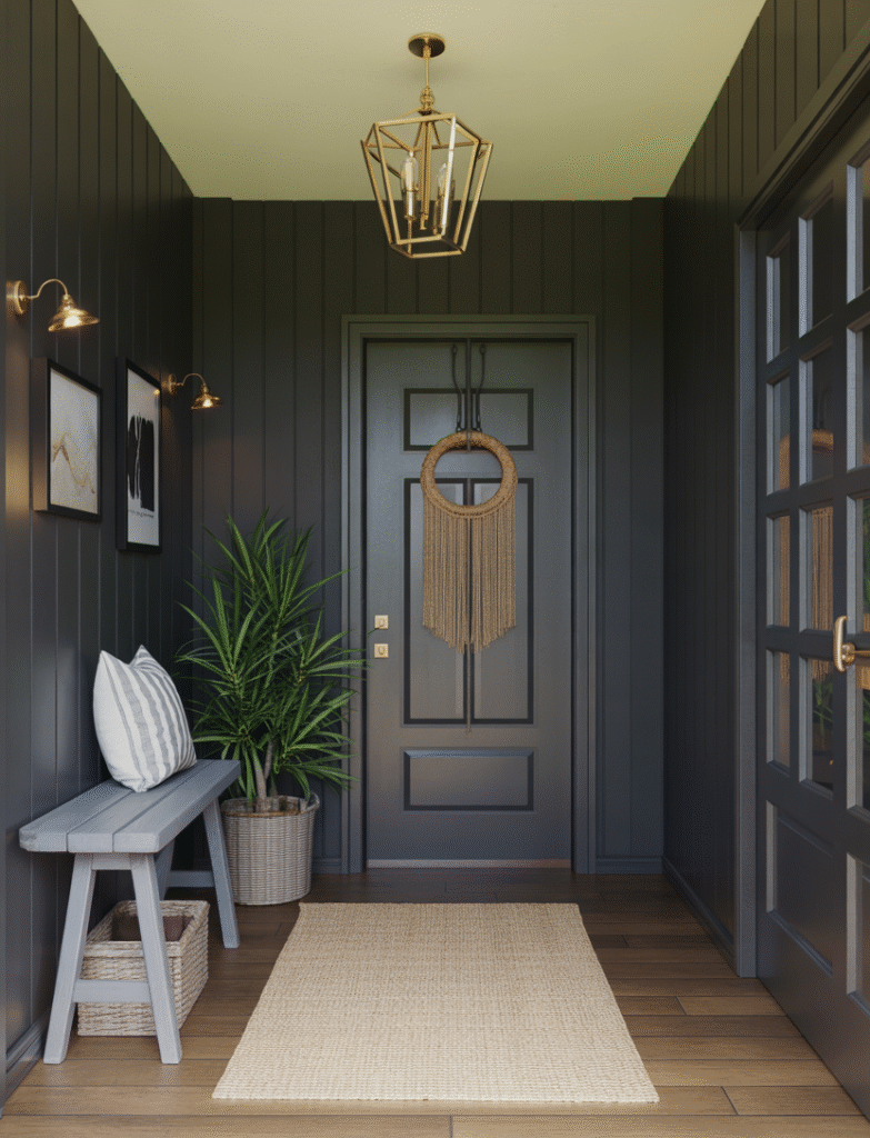 Moody entryway with black or charcoal board and batten walls, brass lighting fixtures, pale rugs, and greenery, creating a dramatic yet balanced atmosphere.