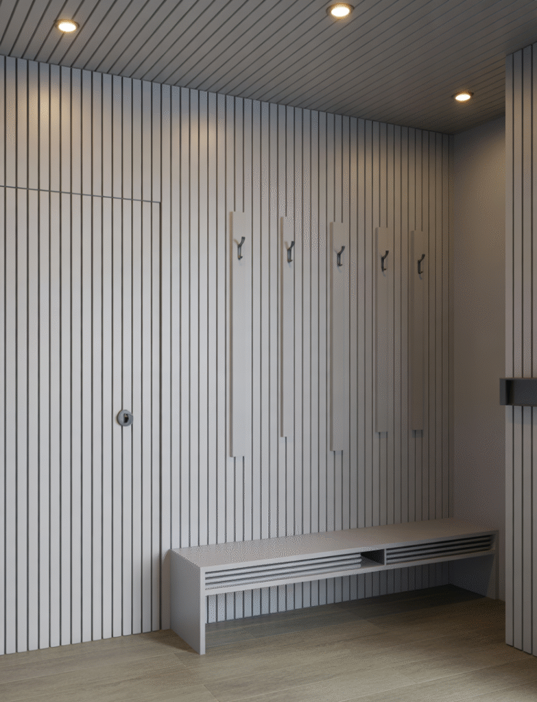 Entryway with closely spaced, slim battens for a clean and contemporary look, paired with sleek, simple hooks and minimal decor to emphasize the architectural lines.