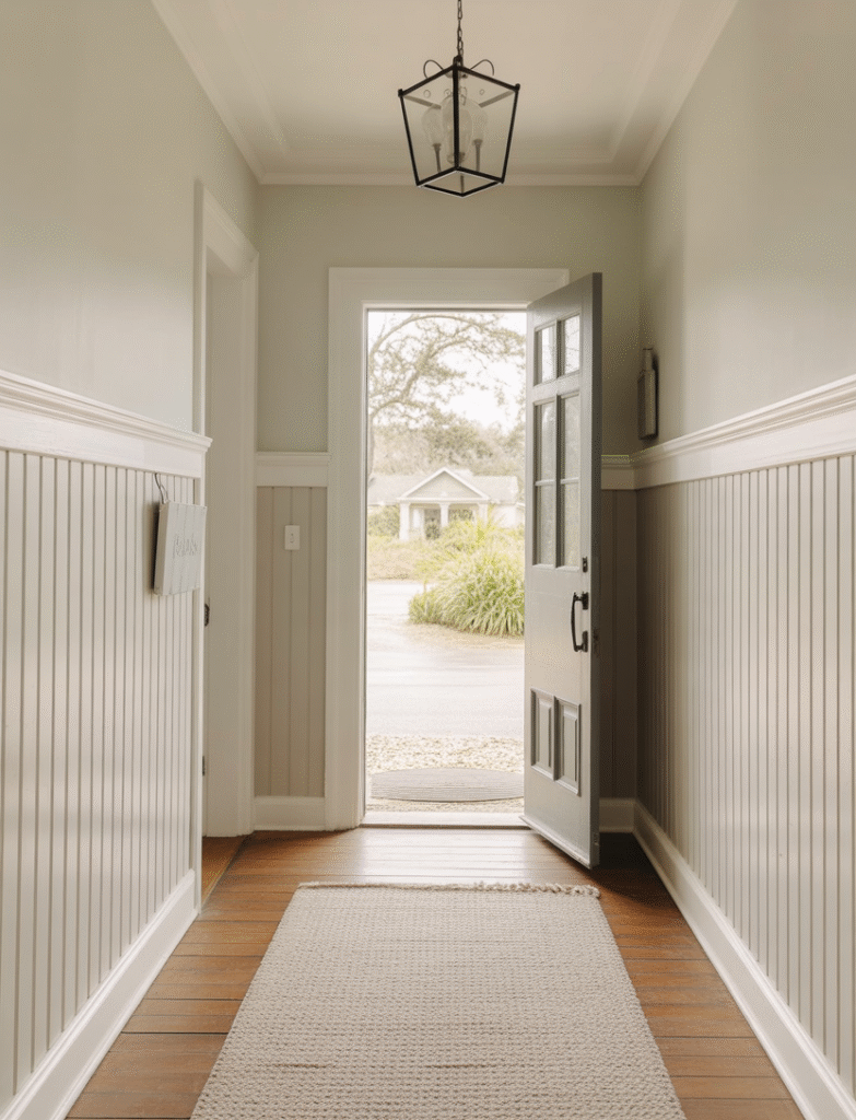Entryway with board and batten installed halfway up the wall, with the upper half painted in soft pastels or neutral tones for a welcoming and bright atmosphere.