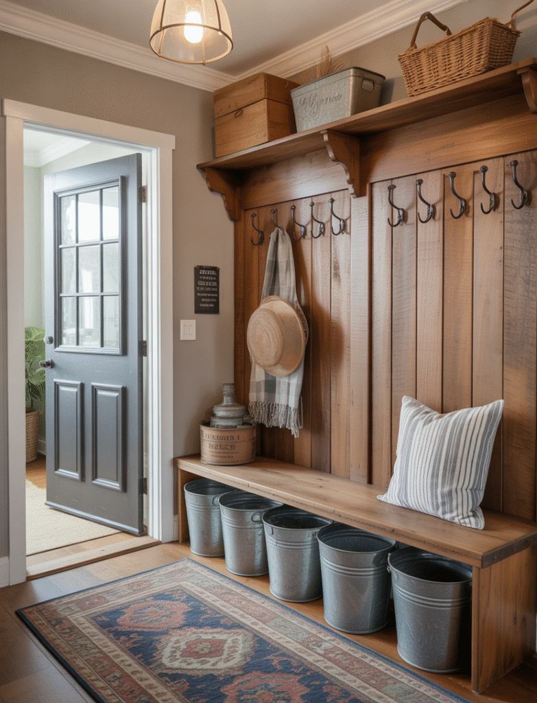 Entryway with stained wood board and batten panels, complemented by vintage-style hooks, an antique rug, and galvanized metal bins, bringing a rustic farmhouse charm to the space.
