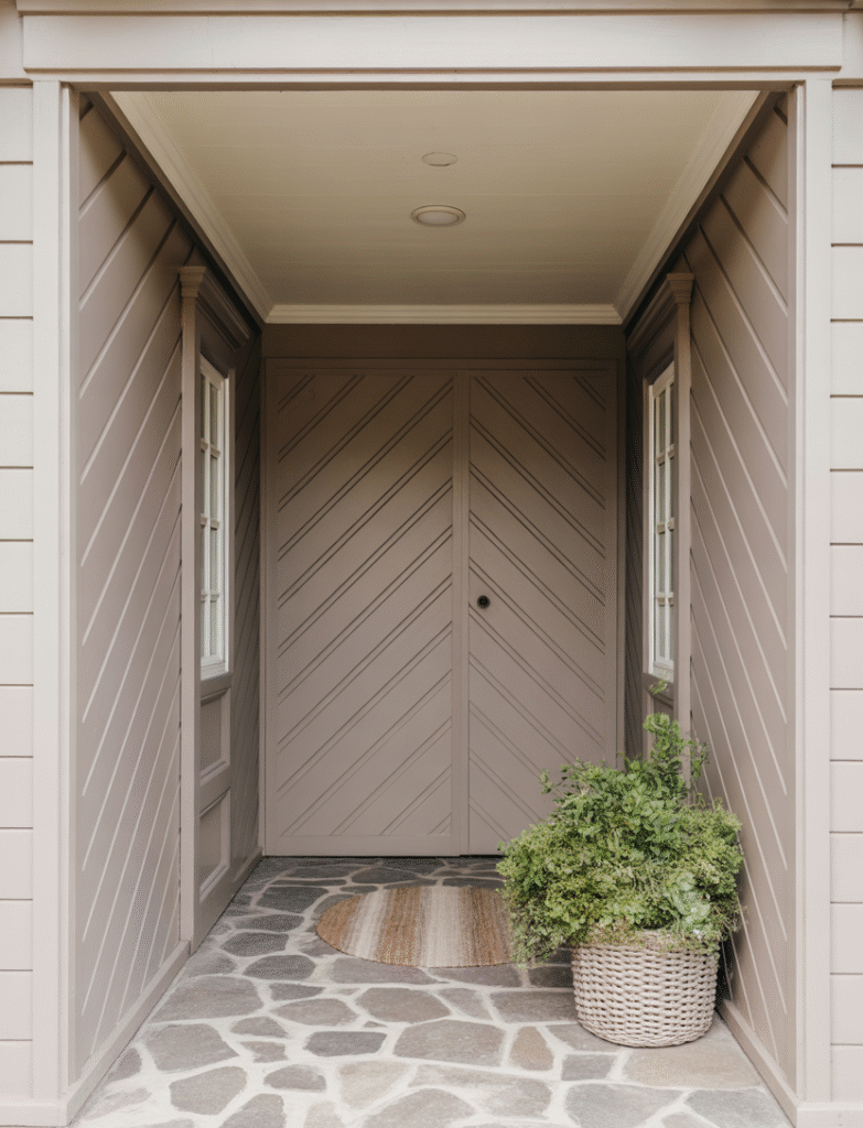 Entryway with board and batten installed diagonally or in a herringbone pattern, using neutral colors to highlight the striking pattern for a visually interesting feature.