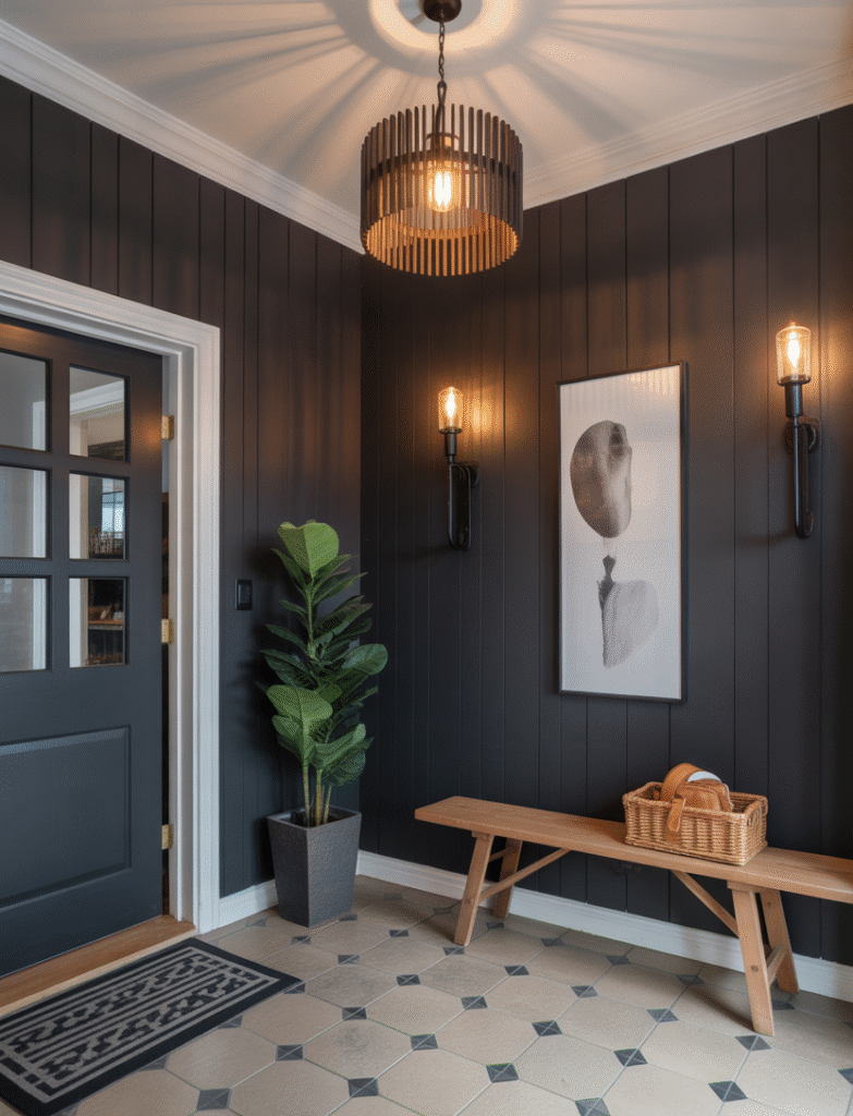 Entryway with stylish pendant or sconce lighting above the black board and batten wall, accentuating the texture and adding a touch of sophistication.