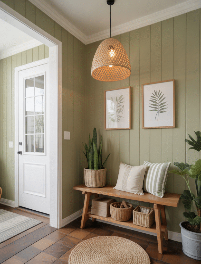 Entryway with soft sage or deep olive green board and batten walls, decorated with botanical art, potted plants, and woven accents, bringing nature indoors for a fresh and inviting look.