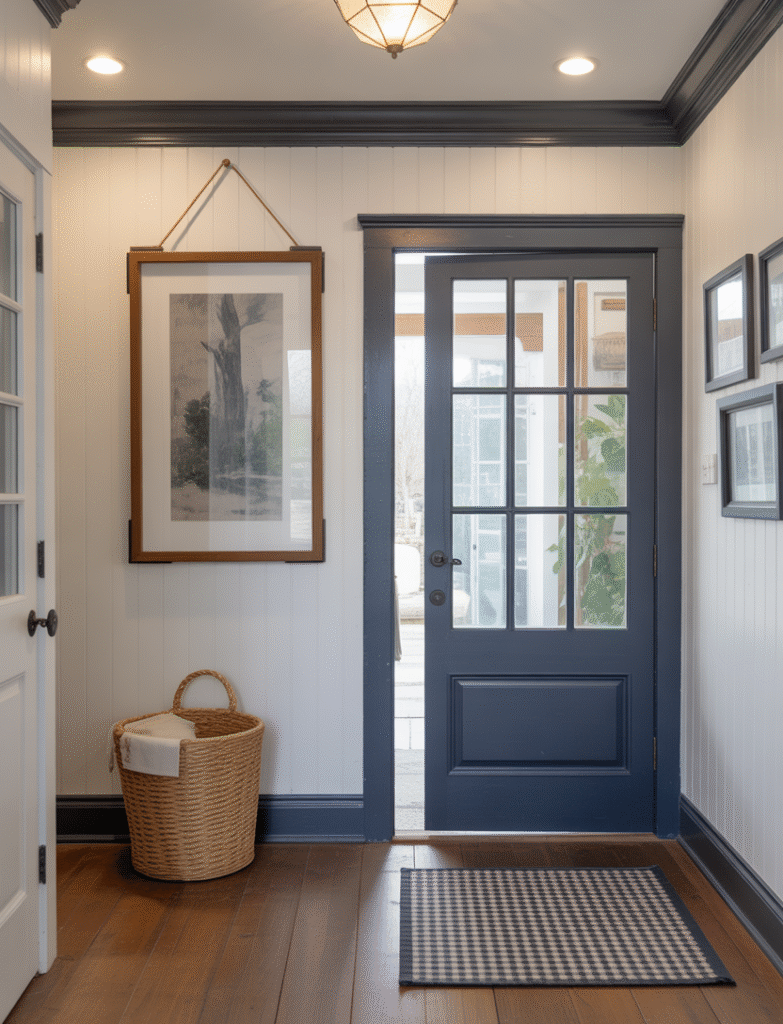 Entryway with contrasting trim at the top and baseboards, framing the board and batten wall and coordinating with the door hardware and area rug for a unified design.