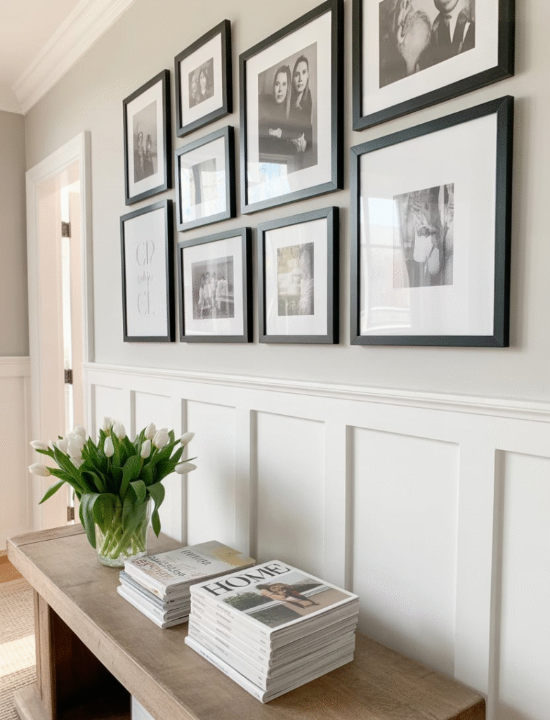 Entryway with a mini gallery wall above the board and batten panels, featuring family photos, art, or seasonal wreaths, with modern black or white frames for a polished look.