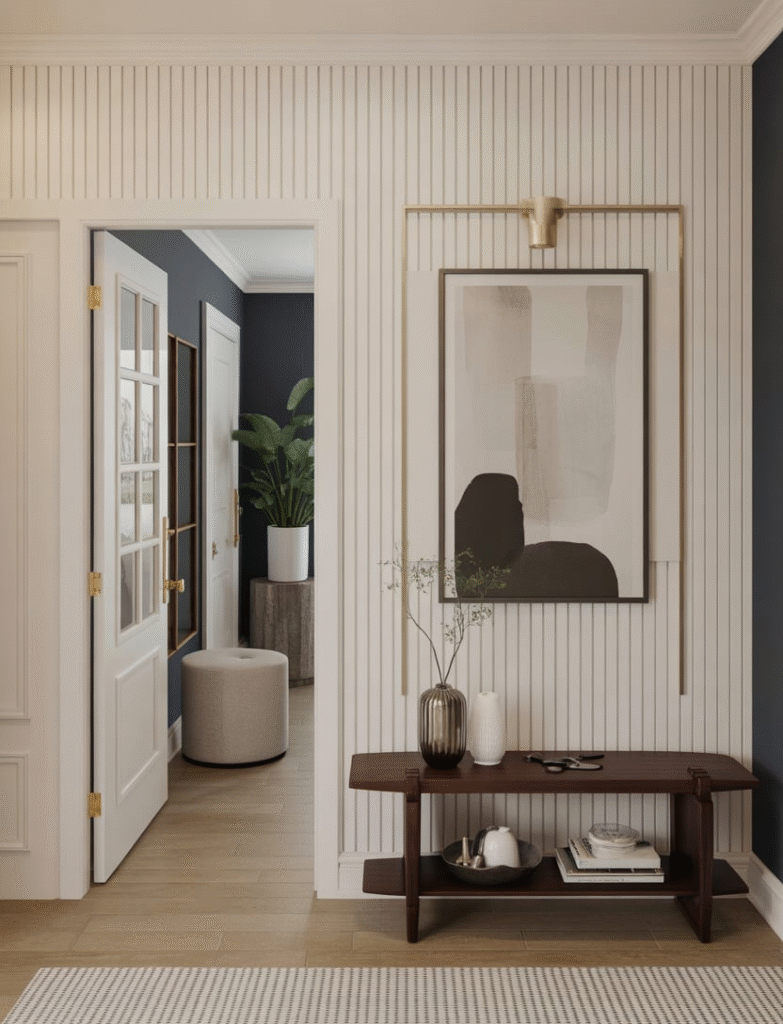Entryway with classic vertical board and batten panels combined with contemporary decor, such as abstract art, sleek furniture, and minimal accessories, for a transitional style.
