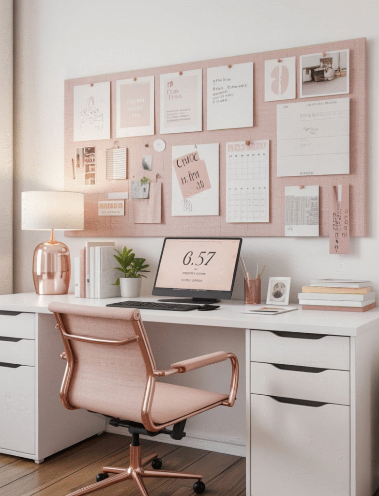 Blush pink fabric bulletin board above a tidy white desk, pinned with notes and photos for stylish organization.