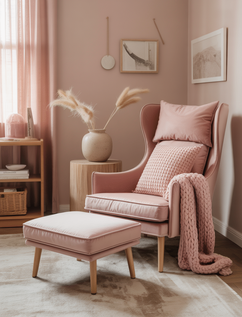 Cozy office corner with a reading chair covered in pink cushions and throws in velvet, knit, and linen textures.