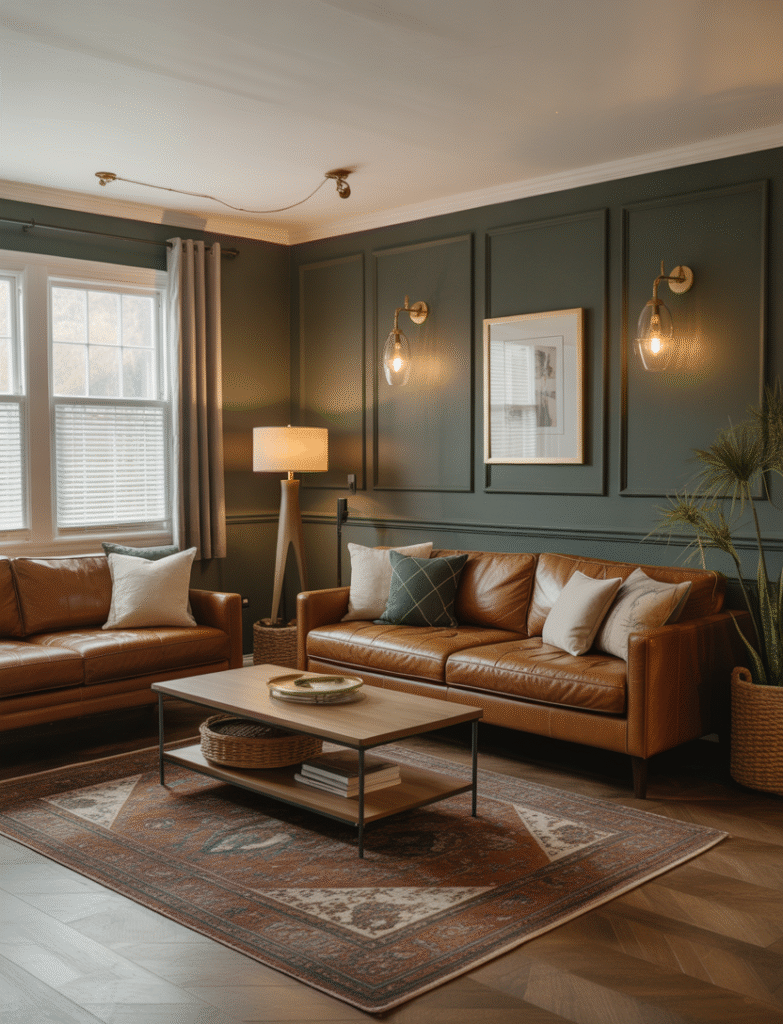 As a part of best moody green paint colors this picture shows living room featuring Sherwin Williams Pewter Green accent walls, paired with warm woods, leather furniture, and brass lighting, creating a timeless, cozy, and sophisticated gathering space.