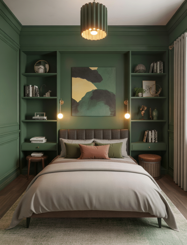 Bedroom or home office with Benjamin Moore Salamander dark green accent walls, creating a dramatic atmosphere. Built-in shelves and vintage-inspired furniture give the space a moody library feel.