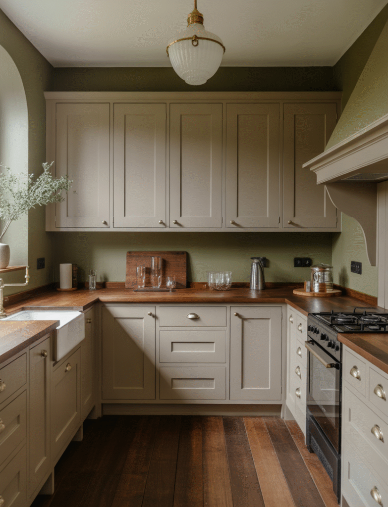 Elegant kitchen with Farrow & Ball Green Smoke on the walls, combined with shaker cabinets, warm butcher block counters, and vintage brass pulls for an English cottage charm.