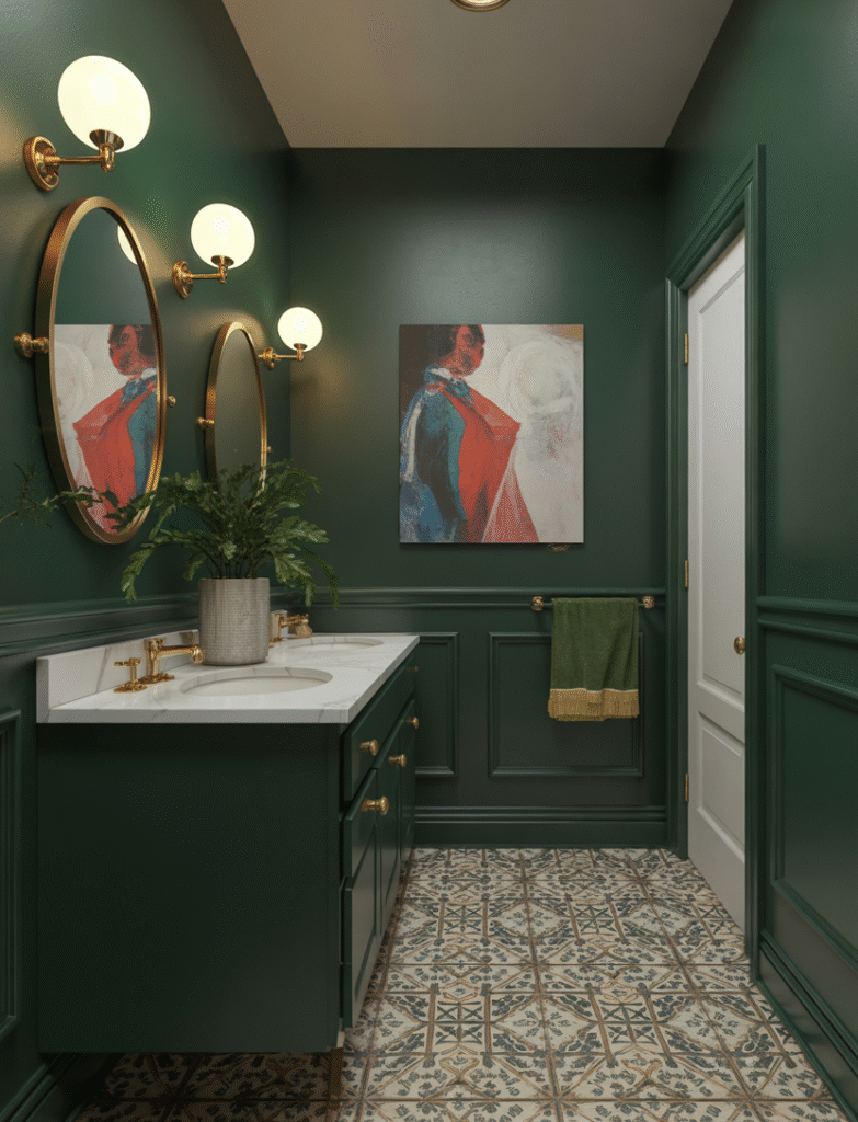 Powder room or dining room with Behr Black Evergreen on the walls, complemented by gold fixtures, bold art, and patterned floor tiles, creating a jewel-box effect.