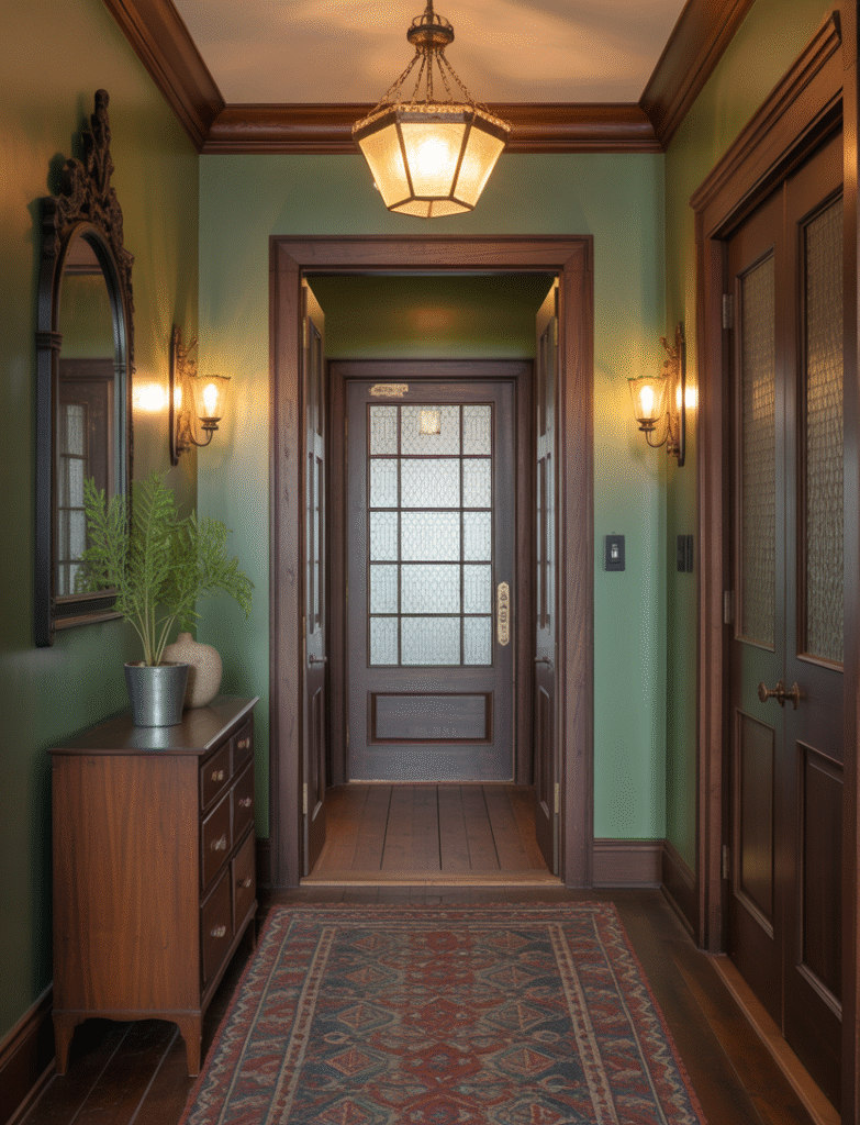 Entryway or hallway with Sherwin Williams Rookwood Sash Green, paired with dark wood trim, antique mirrors, and warm sconces, creating a welcoming, old-world atmosphere.