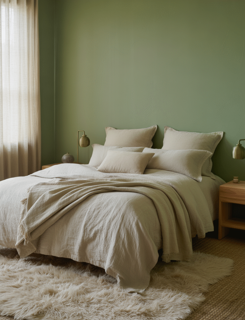 Bedroom with Benjamin Moore Forest Floor green walls, layered with neutral bedding, plush rugs, and natural wood furniture, creating a restful, cocoon-like space.