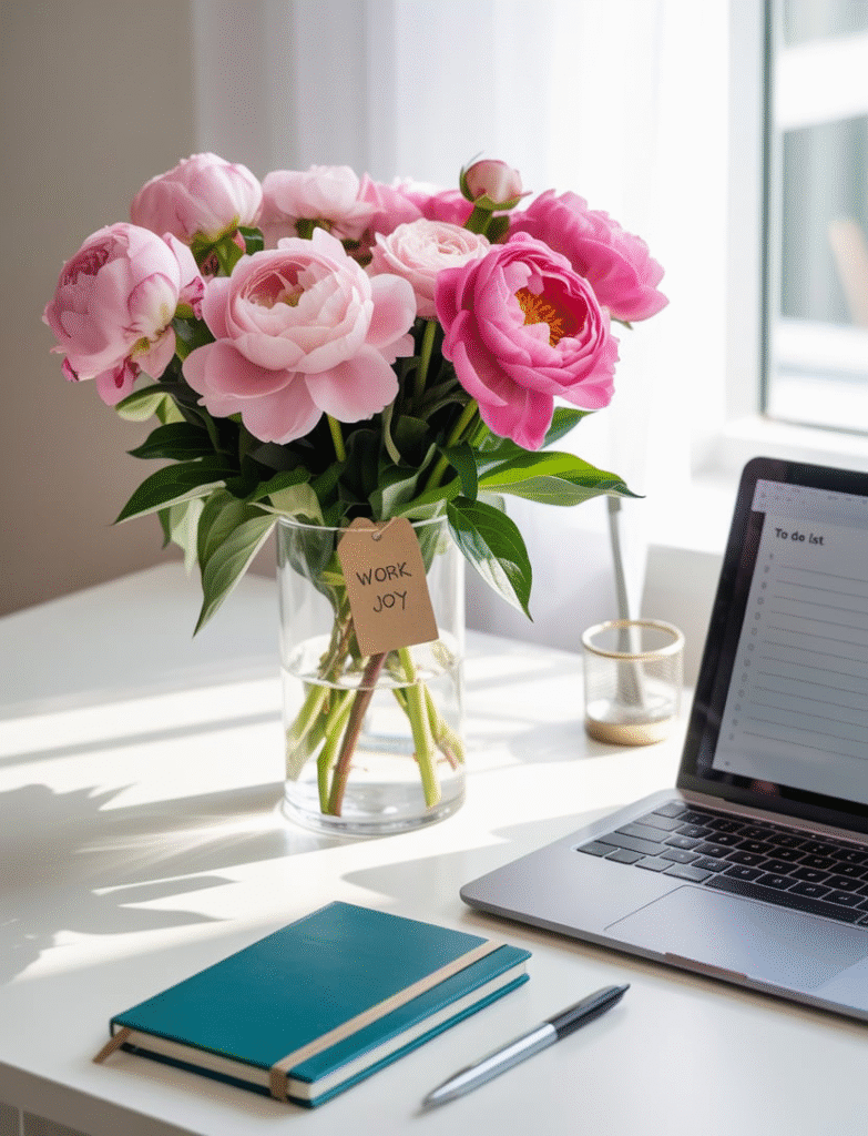 Office desk decorated with a vase of fresh pink flowers like peonies and roses, adding a vibrant and seasonal touch.