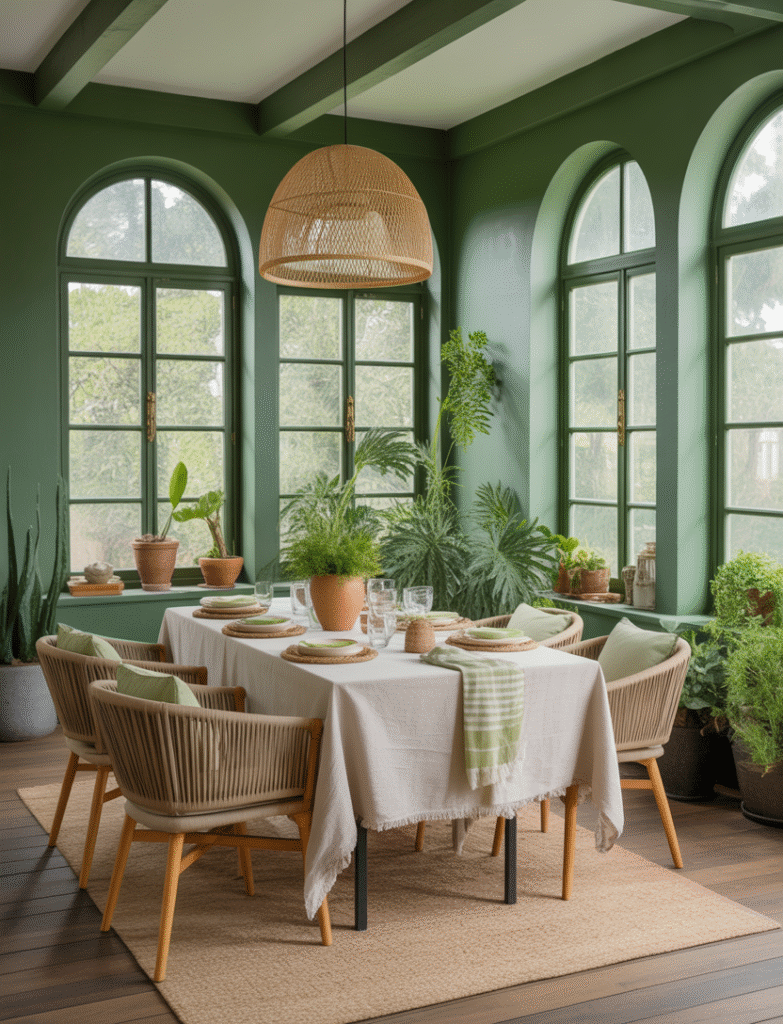 Dining space or sunroom with Valspar Garden Flower green walls, complemented by woven chairs, linen tablecloths, and lush plants, evoking a fresh, botanical atmosphere.