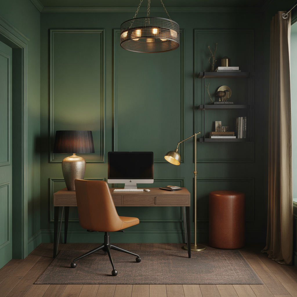 Living room or home office with Farrow & Ball Studio Green walls, reading nearly black in low light. Matte finishes, warm metallics, and leather accents add sophistication.