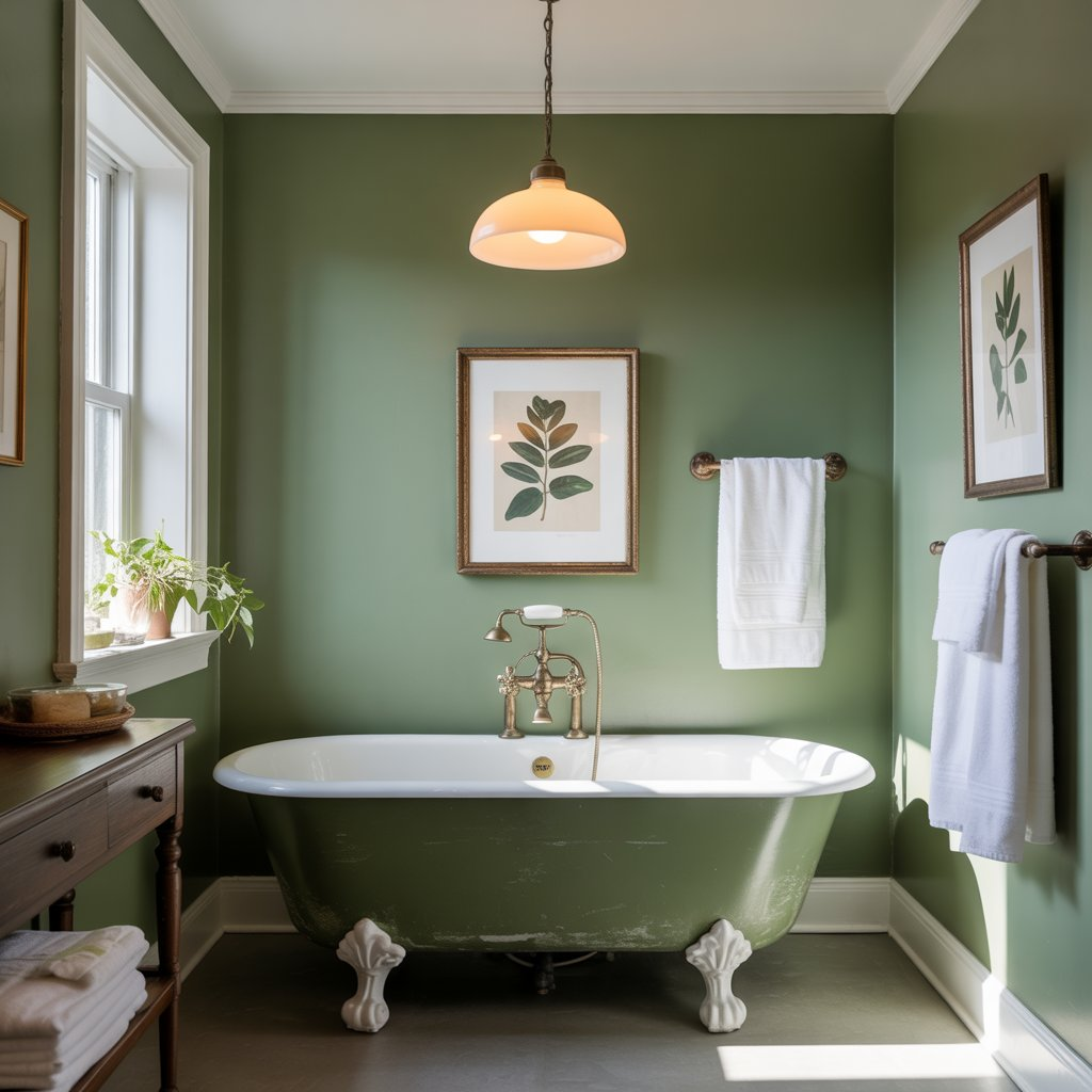 Bathroom with Benjamin Moore Backwoods green walls, paired with white trim, brass fixtures, and botanical prints, creating a serene, spa-like retreat